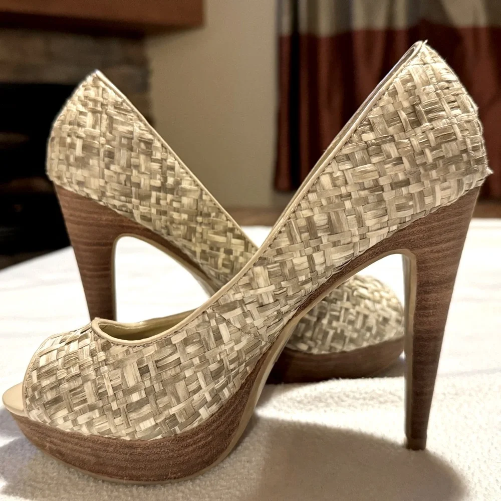 (6) Multi-Gradient Levity Raffia Woven Peep Toe Stiletto ~4.75” Heel
